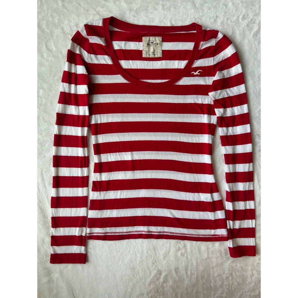 Hollister Womens XS Red White Striped Long Sleeve Scoop Neck Tee Seagull Logo - Picture 4 of 7